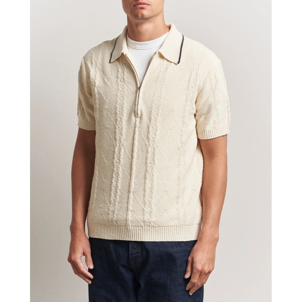 NN07 Polo Shirt Mens Medium Cream Half Zip Cotton Knit Contrast Trim GUSTAV $230